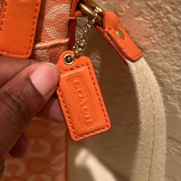 Coach Mini Messenger Crossbody Bag Purse Coral Cream Signature Logo Print - Picture 8 of 13